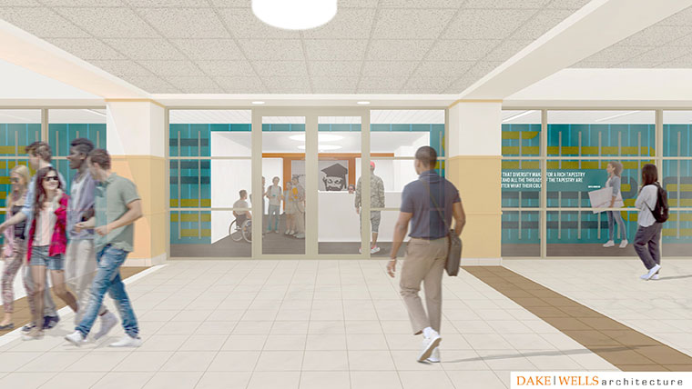 A student walks into the new multicultural resource center in this architect rendering.