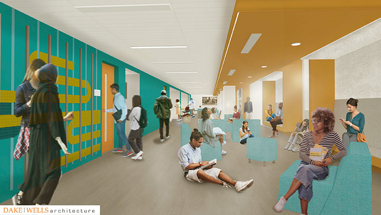 Architect rendering of students in a common area outside the new multicultural resource center.