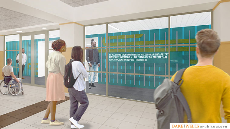 Architect rendering of students outside the new multicultural resource center.