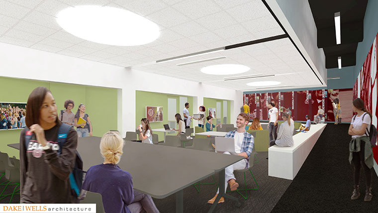 Architect rendering of students in a common work area inside the new office of student engagement.