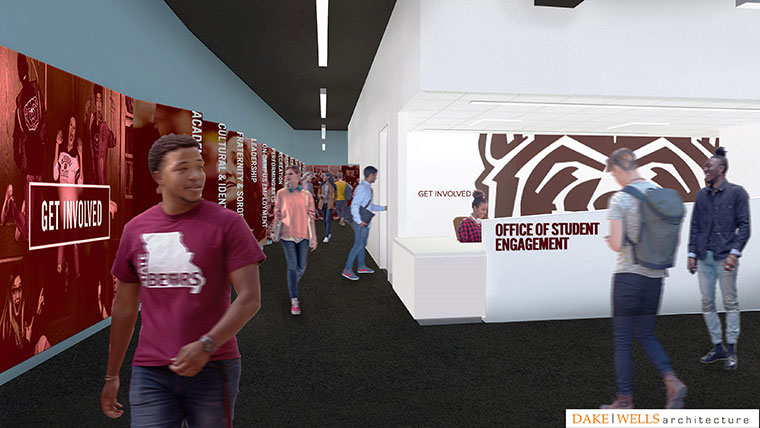 Architect rendering of students outside the new office of student engagement.